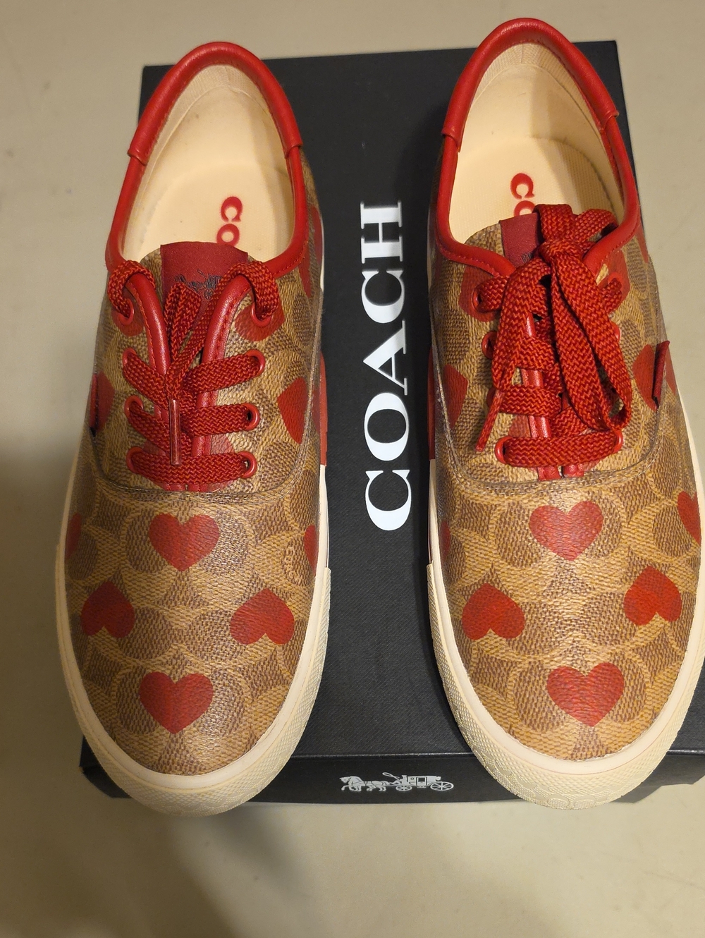 Coach Brown Signature Canvas Sneakers with Red Heart Print - Picture 1 of 8